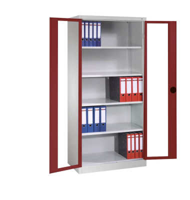 Stahlschrank 8920-055 S10153 lichtgrau, rubinrot, Acrylglas 93,0 x 40,0 x 195,0 cm, aufgebaut